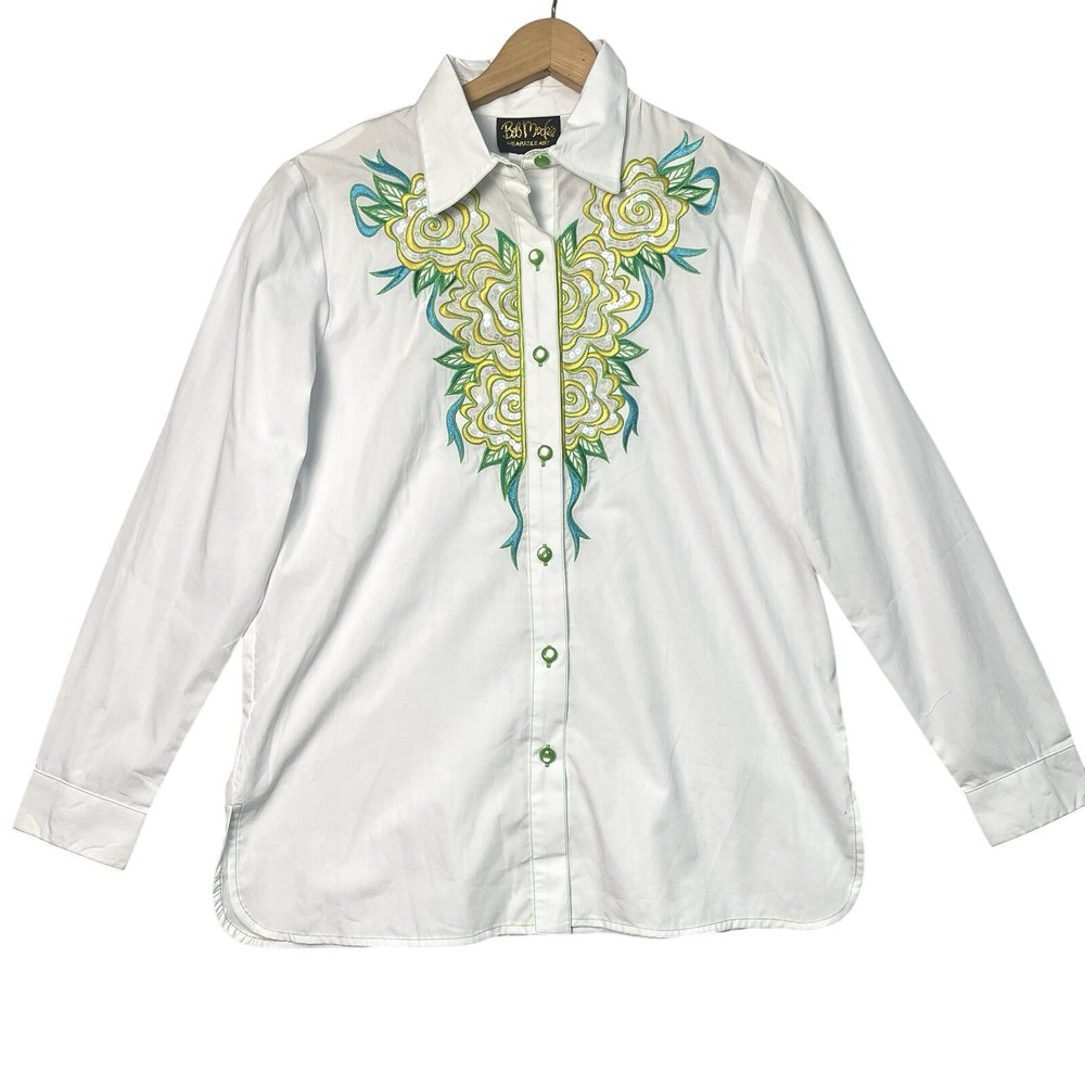 Bob Mackie Sz S Wearable‎ Art Blouse Top Shirt White Embroidered Floral Artsy